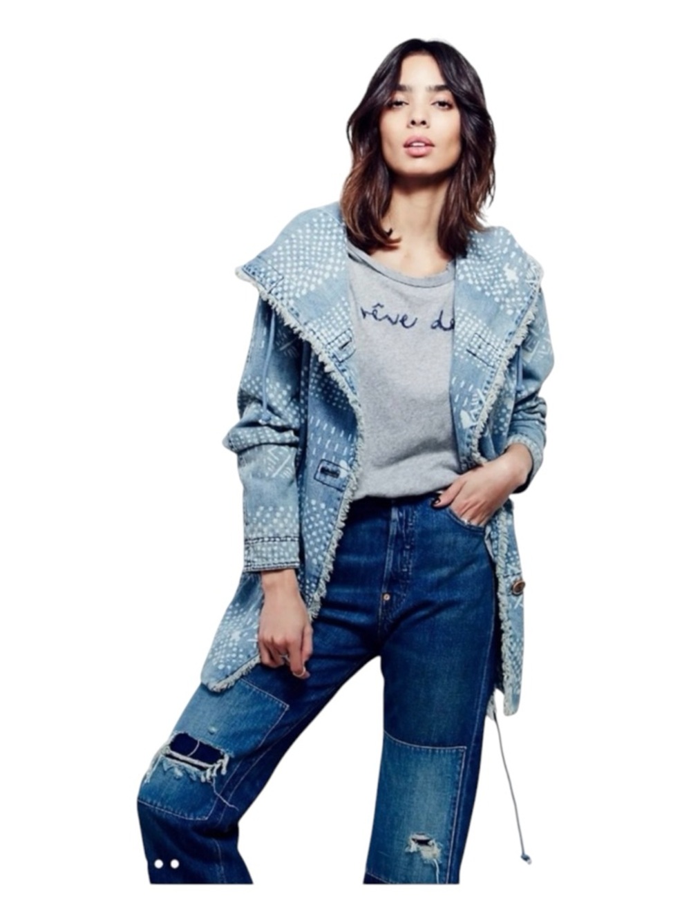 FREE PEOPLE Bleached Chambray Hooded Jacket, Size XS.